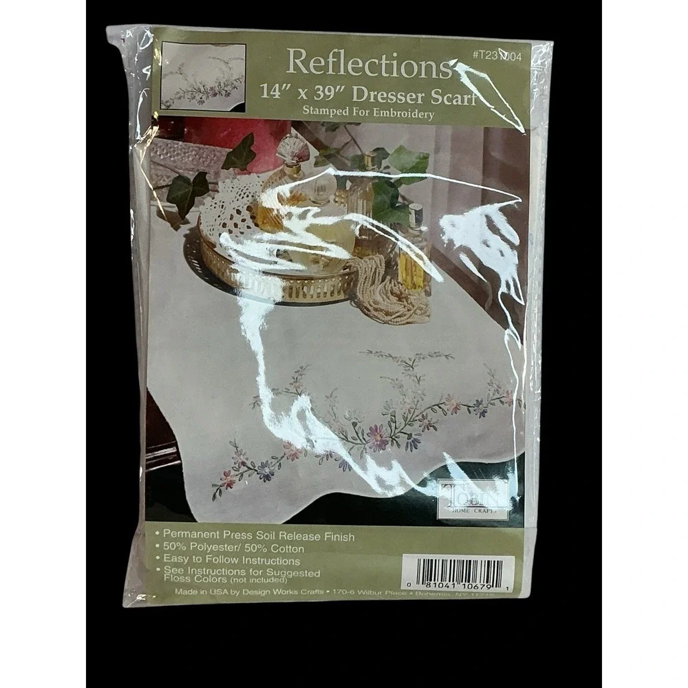 Tobin Stamped For Embroidery Dresser Scarf Reflections 14x39 231004 White NIP